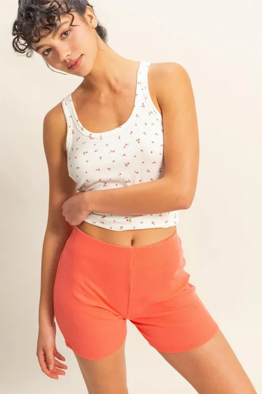 Coral high waist ribbed biker shorts, view 3