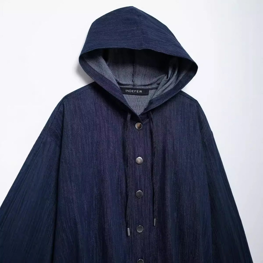 Casual Chic Women Denim Suit Solid Button Hooded Blouse Drawstring Straight Pants New Fashion Suits