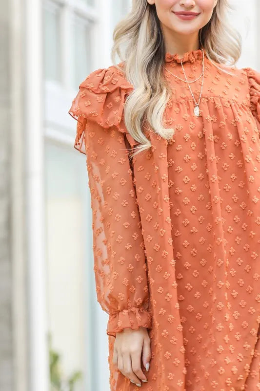 And The Why Lovely Ruffle Shoulder textured woven dress in soft fabric, featuring ruffle details on the shoulders.