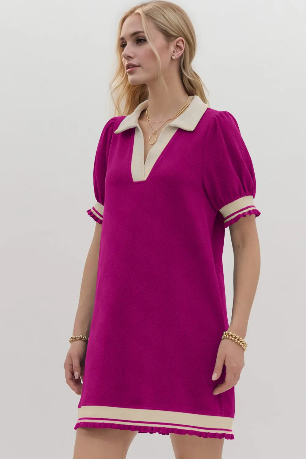 Oh Frill contrast trim Johnny collar short sleeve mini dress by Trendsi, featuring a fitted silhouette and stylish collar detail.