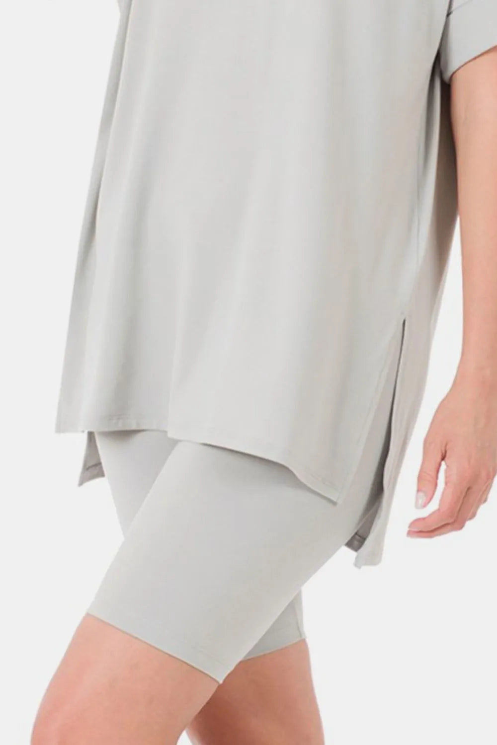 Zenana full size V-neck short sleeve T-shirt and shorts set with slit detail, casual comfortable loungewear from Trendsi.