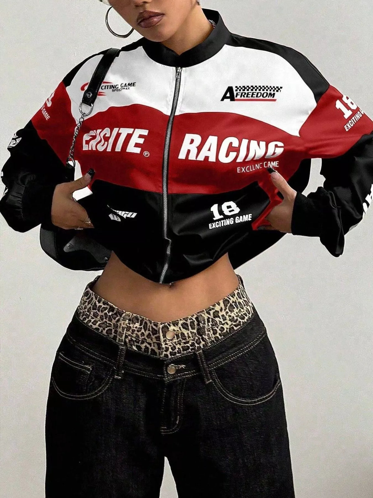 Letter print zip-up jacket, view 3