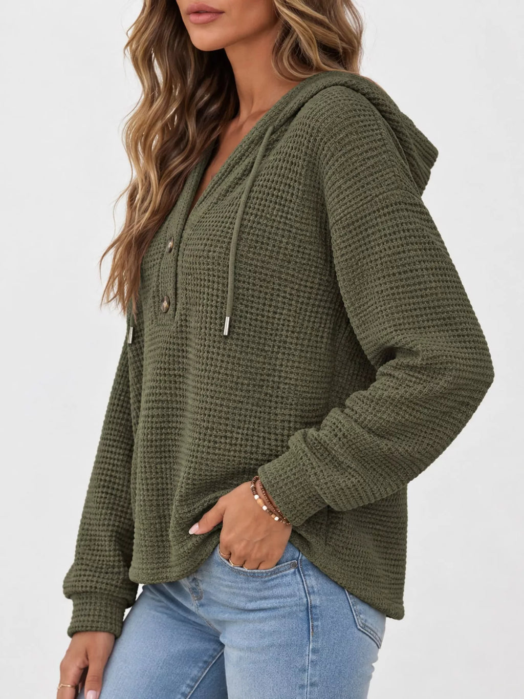 Plus size waffle knit half-button drawstring hoodie, view 45