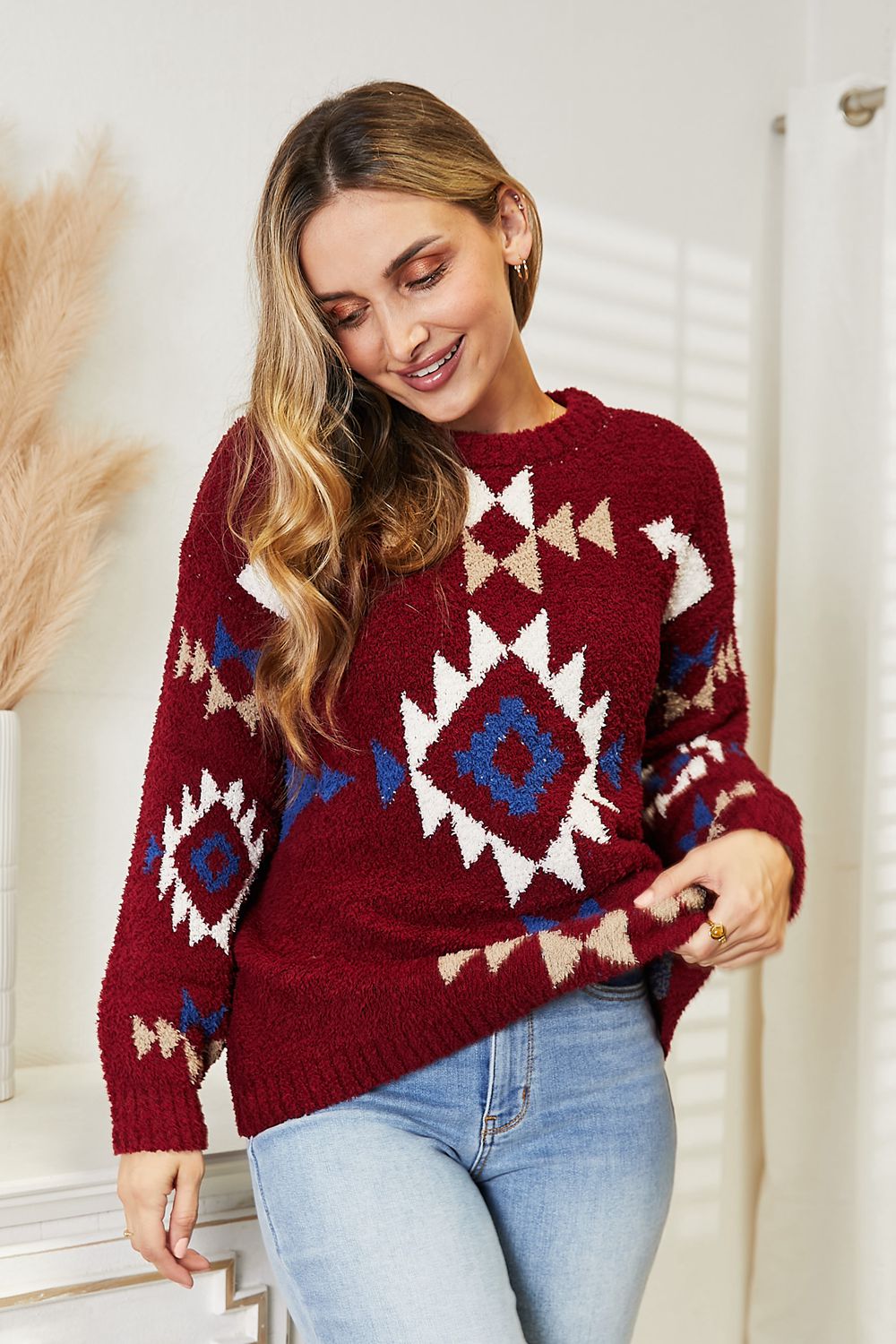 Trendsi HEYSON full size aztec soft fuzzy sweater with colorful geometric pattern and cozy knit texture.