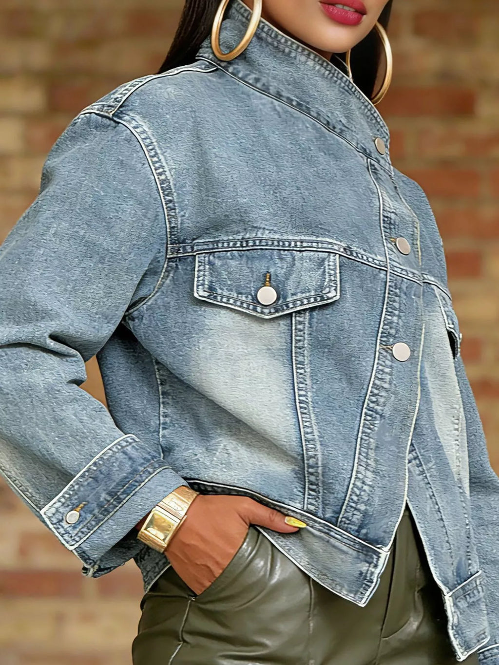 Light blue asymmetric button-up denim jacket, view 2