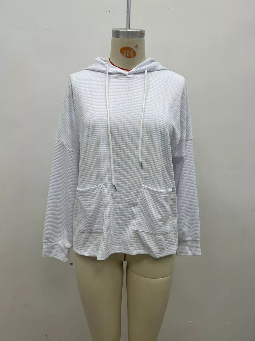 Plus size waffle knit long sleeve drawstring hoodie, view 17