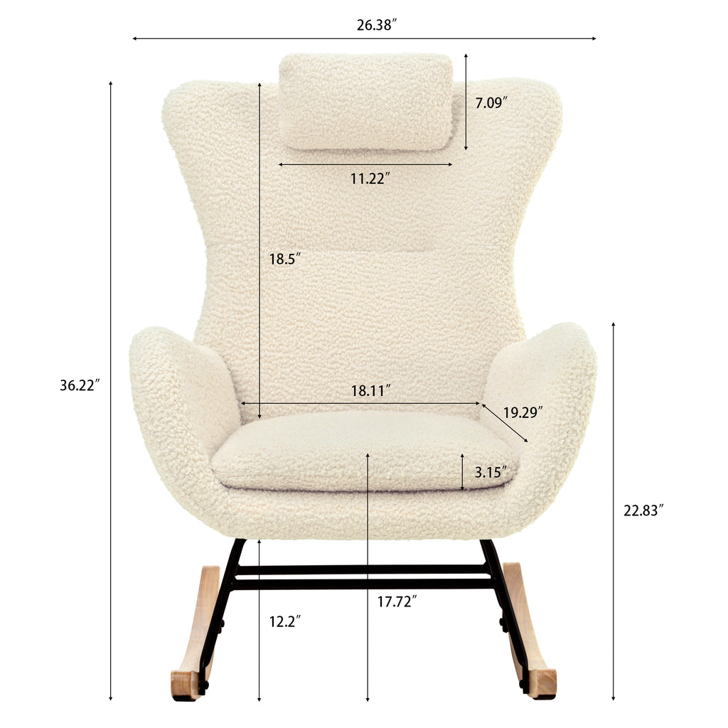 Beige Upholstered Rocking Chair with Adjustable Headrest & Side Pocket