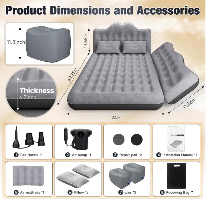 Inflatable Rear-Seat Car Camping Mattress – Dark Gray