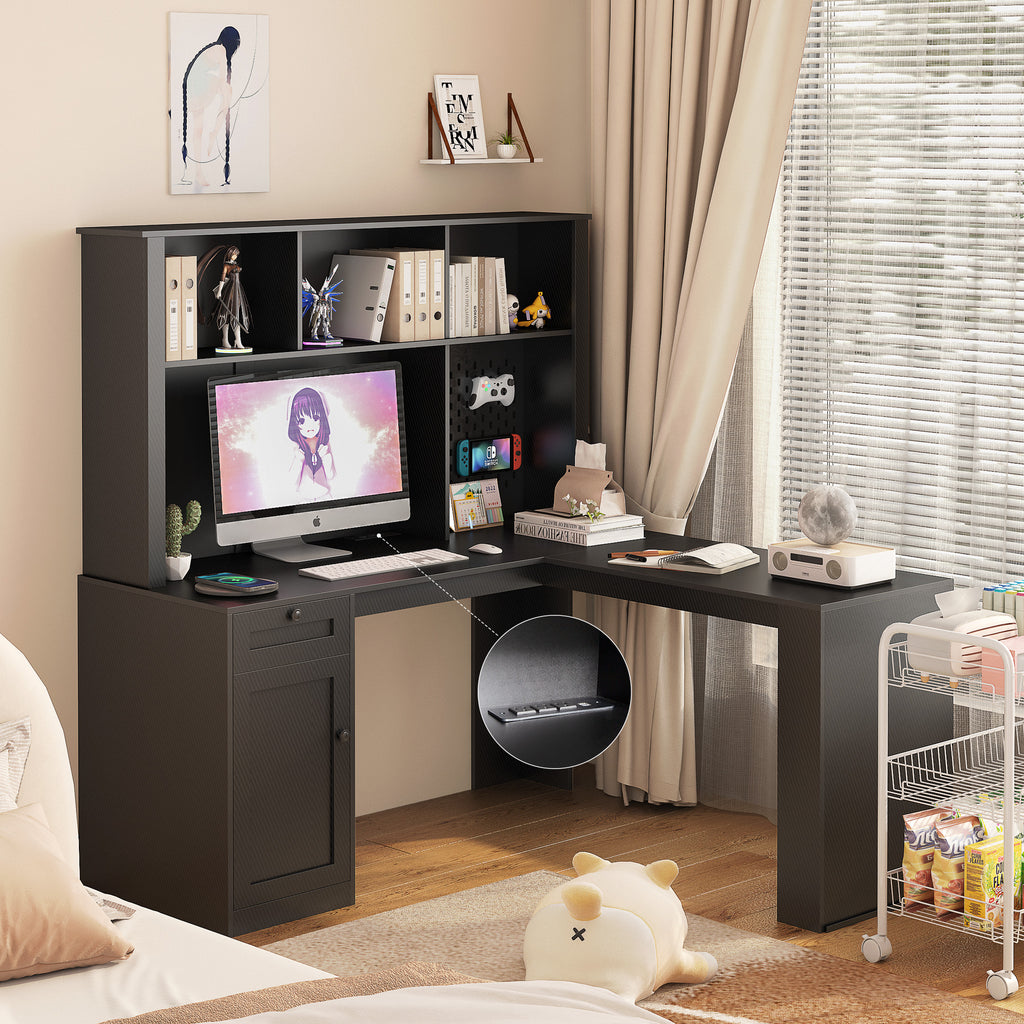 L-Shaped Desk with Drawers, Bookshelf & Charging Station