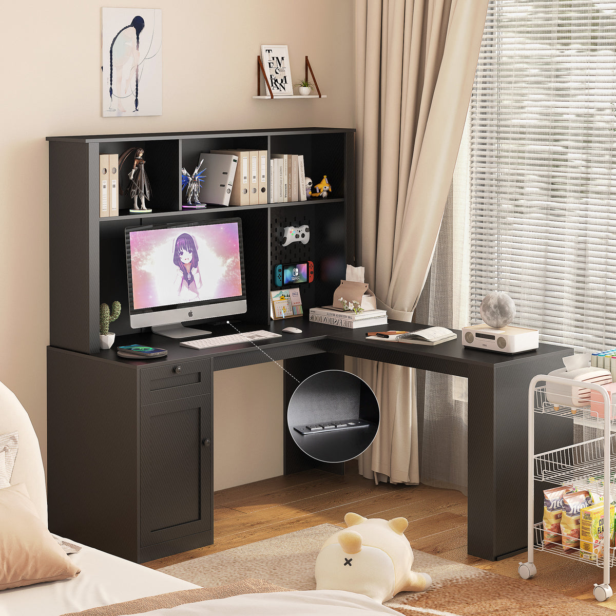 L-Shaped Desk with Drawers, Bookshelf & Charging Station