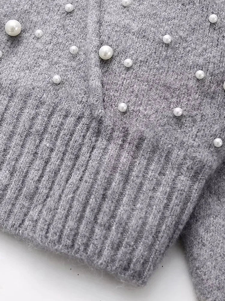 Women Cropped Jacket Fashion Artificial Pearls Knitted Coat Woman Long Sleeve Autumn Bomber Jackets For Women Short Coats