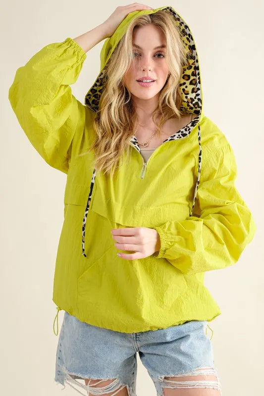 Lime leopard print hooded zip-up windbreaker with pockets, view 4
