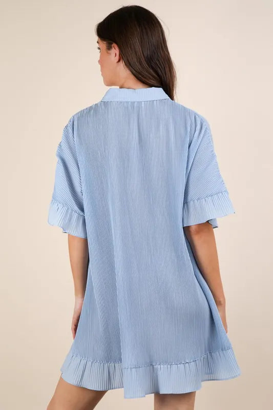 Trendsi Very J mini dress with pleated details, button-down style, lightweight fabric, and short sleeves, perfect for casual wear.