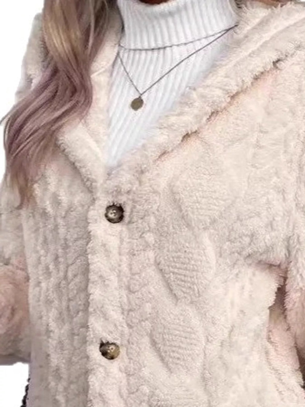 Plus size cozy cable-knit faux fur hooded outerwear by Trendsi featuring a full-size plush fur-lined hood and cable-knit design.