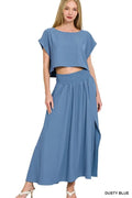 Woven crinkle gauze crop tee and skirt set by Zenana featuring a relaxed fit and lightweight fabric, perfect for casual wear.