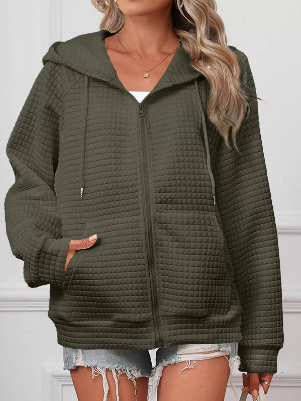 Plus size textured quilted zip-up hooded jacket, view 15