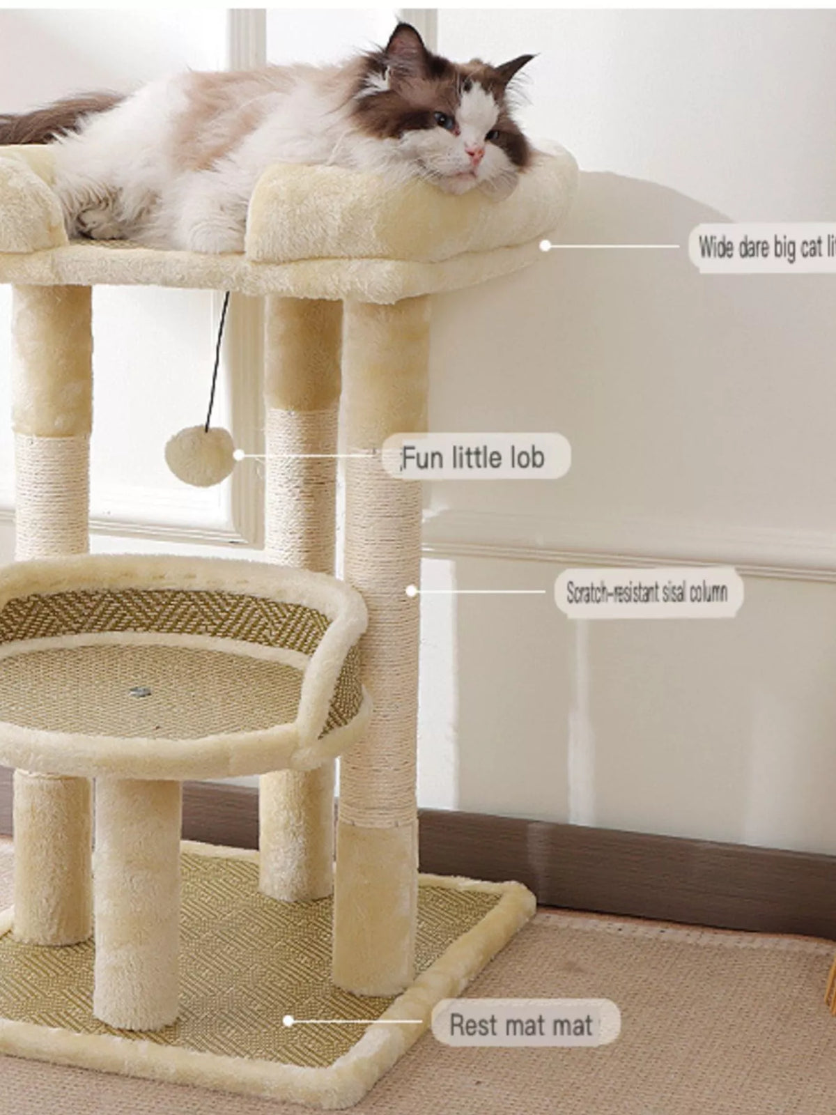 Soft plush cat tree condo with scratching posts and multiple levels for cats to climb, rest, and play.