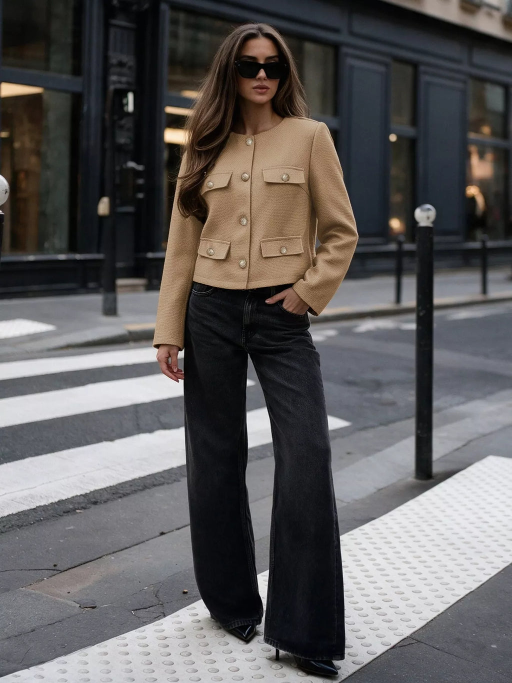 Khaki textured cropped jacket with gold-tone button, view 7