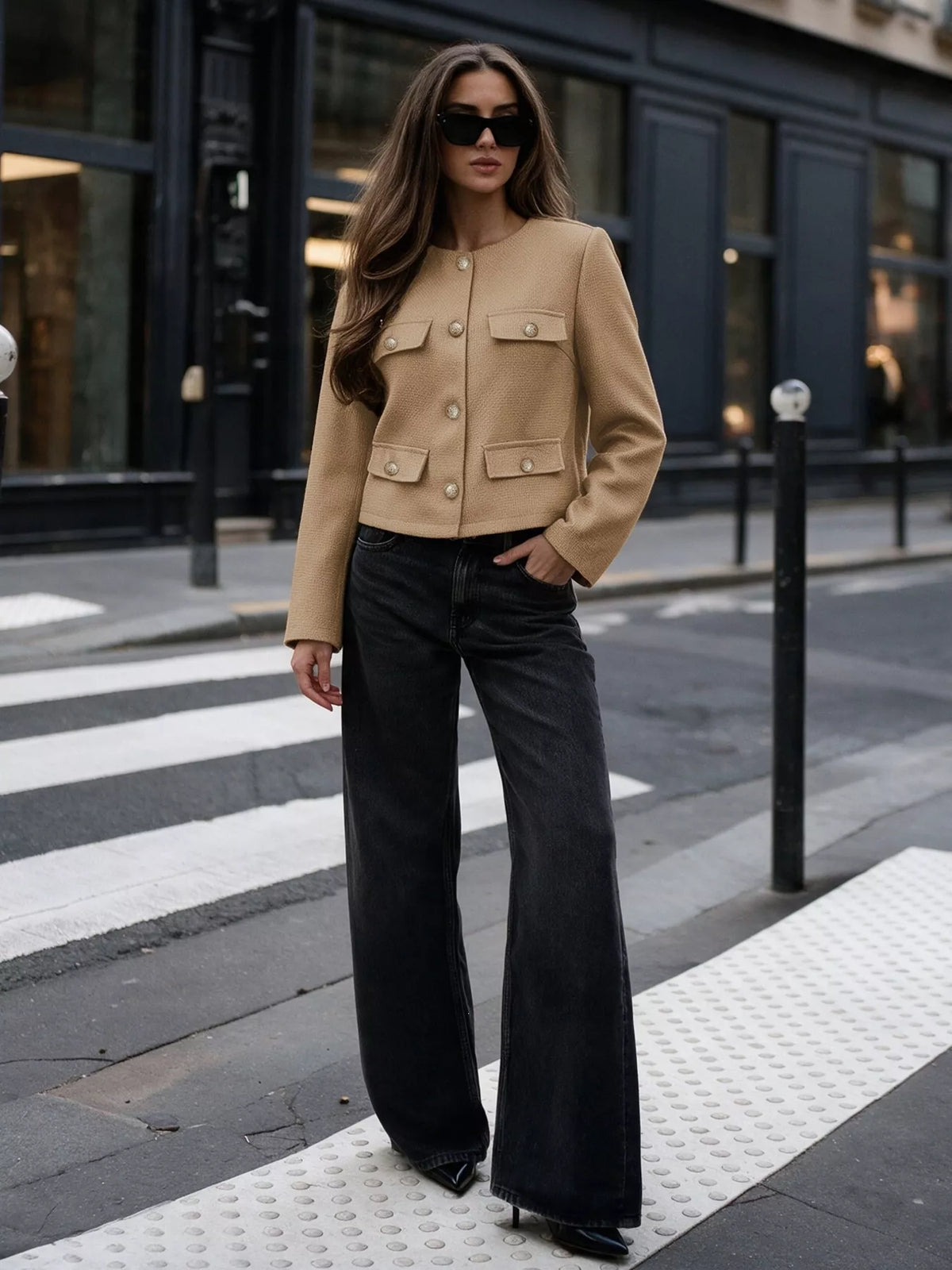 Khaki textured cropped jacket with gold-tone button, view 7