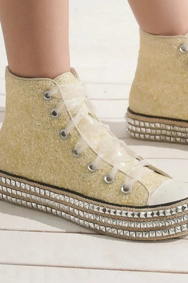 Beast Fashion glitter lace-up studded platform sneakers with chunky soles and metallic embellishments, stylish and trendy.