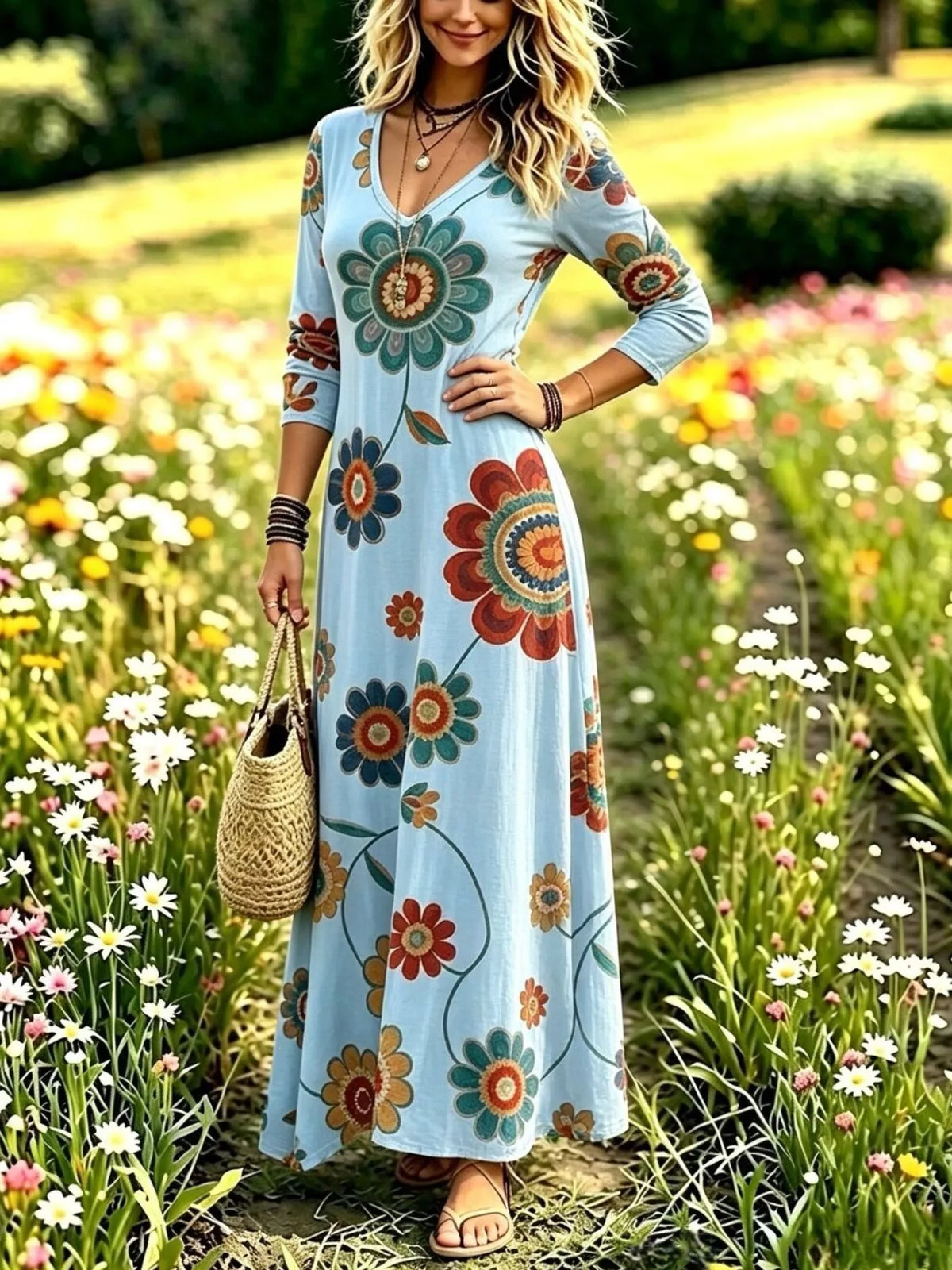 Floral print V-neck long sleeve maxi dress by Trendsi, flowing fabric with a vibrant floral pattern, full-length design, and elegant style.