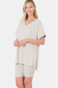 Zenana full size V-neck short sleeve slit T-shirt and shorts set, casual loungewear in soft fabric, displayed on a neutral background.