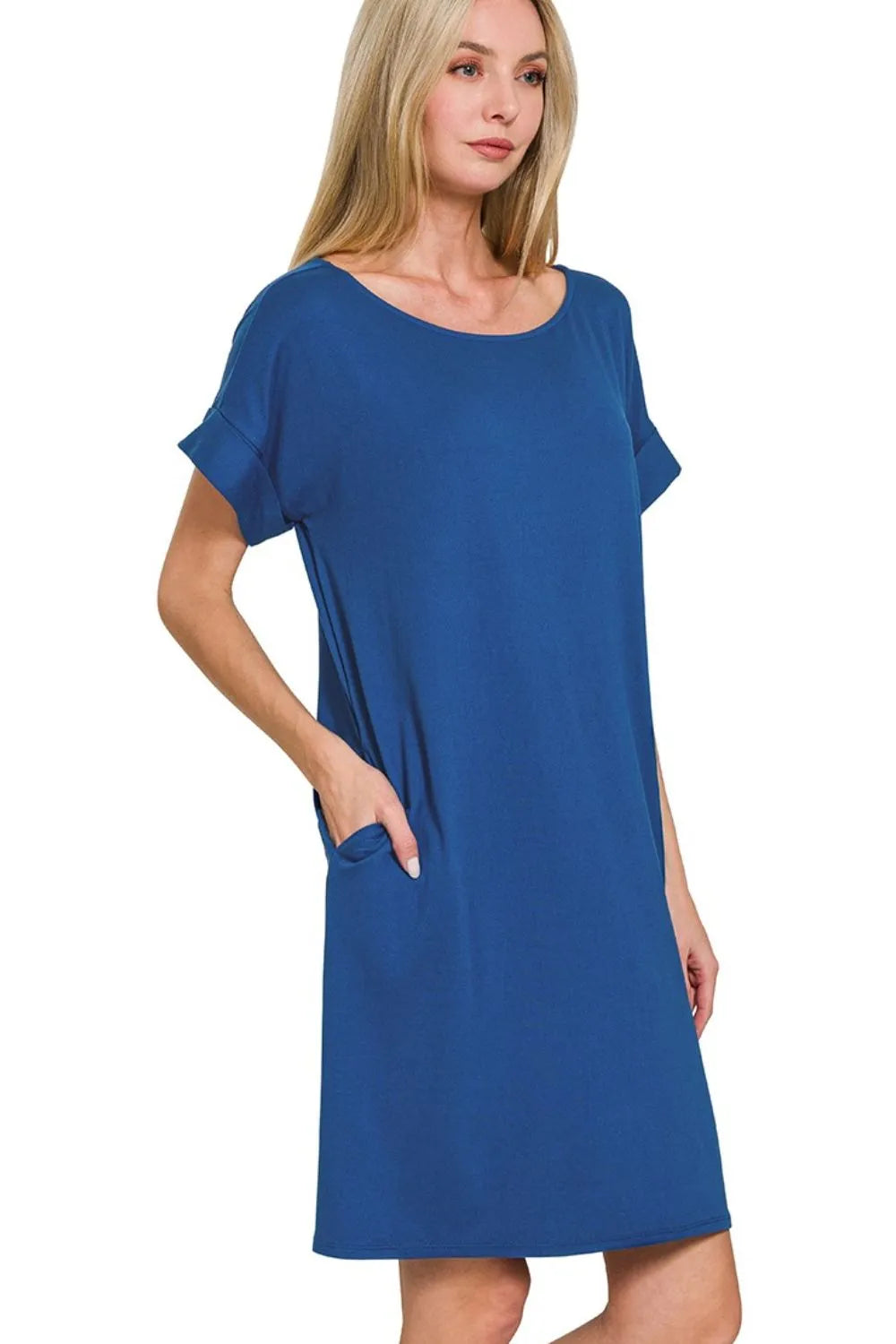Zenana rolled short sleeve round neck dress, casual women's fashion with a relaxed fit, shown in a stylish, versatile design.