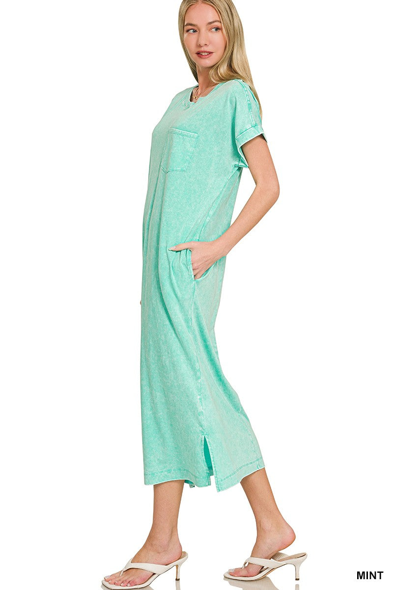 Zenana washed exposed seam short sleeve T-shirt dress, casual style with relaxed fit and exposed seam details, in soft fabric.