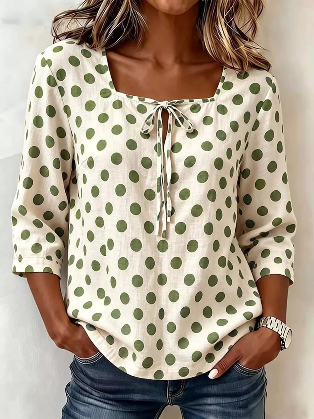 Plus size square neck polka dot blouse by Trendsi, featuring a full-size fit and stylish design.