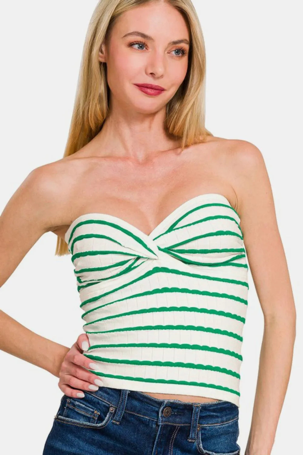 Trendsi Zenana twisted sweetheart neck striped tube top, featuring a fitted design with bold horizontal stripes and a stylish sweetheart neckline.