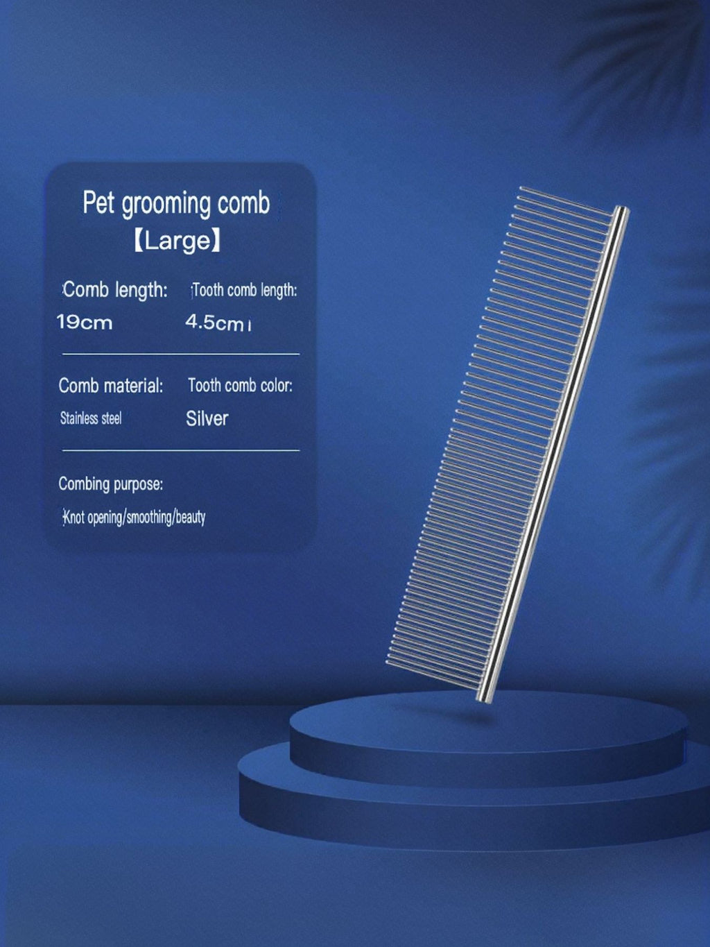 Stainless steel pet grooming comb for hair removal, featuring fine and wide teeth for effective pet hair detangling and grooming.