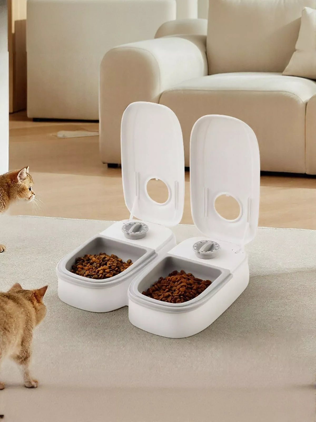Trendsi automatic pet feeder with portion control, showing a sleek black device with digital display and food dispensing tray.