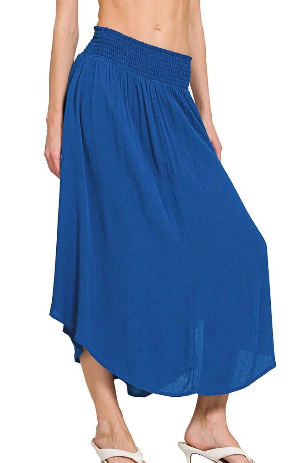 Zenana woven crinkle maxi skirt with smocked waist and pockets, featuring a flowy design and lightweight fabric.