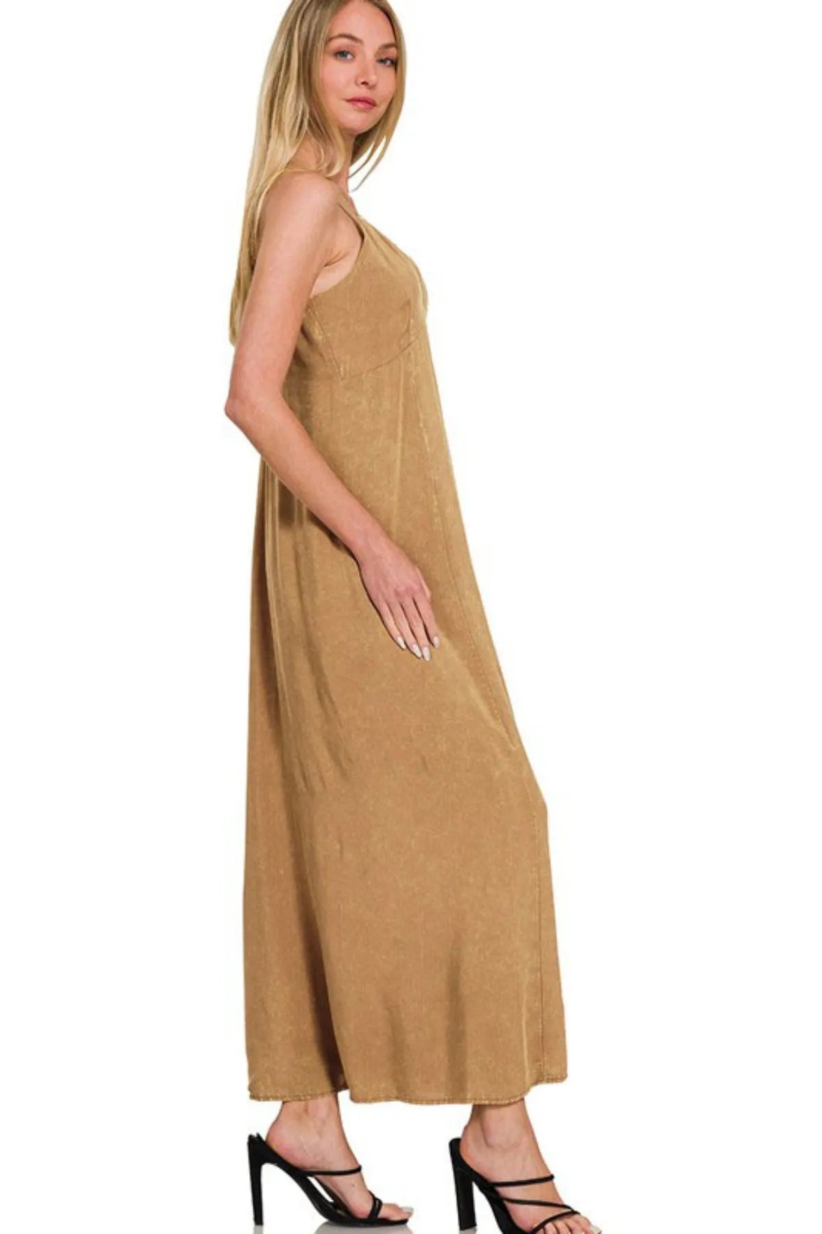 Mineral washed rayon challis cami dress by Zenana featuring a relaxed fit and adjustable straps, perfect for casual wear.