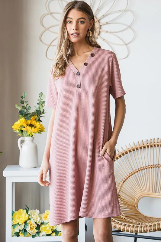 Heimish full size solid ribbed mini dress with buttons, plus size, featuring a fitted silhouette and stylish design.