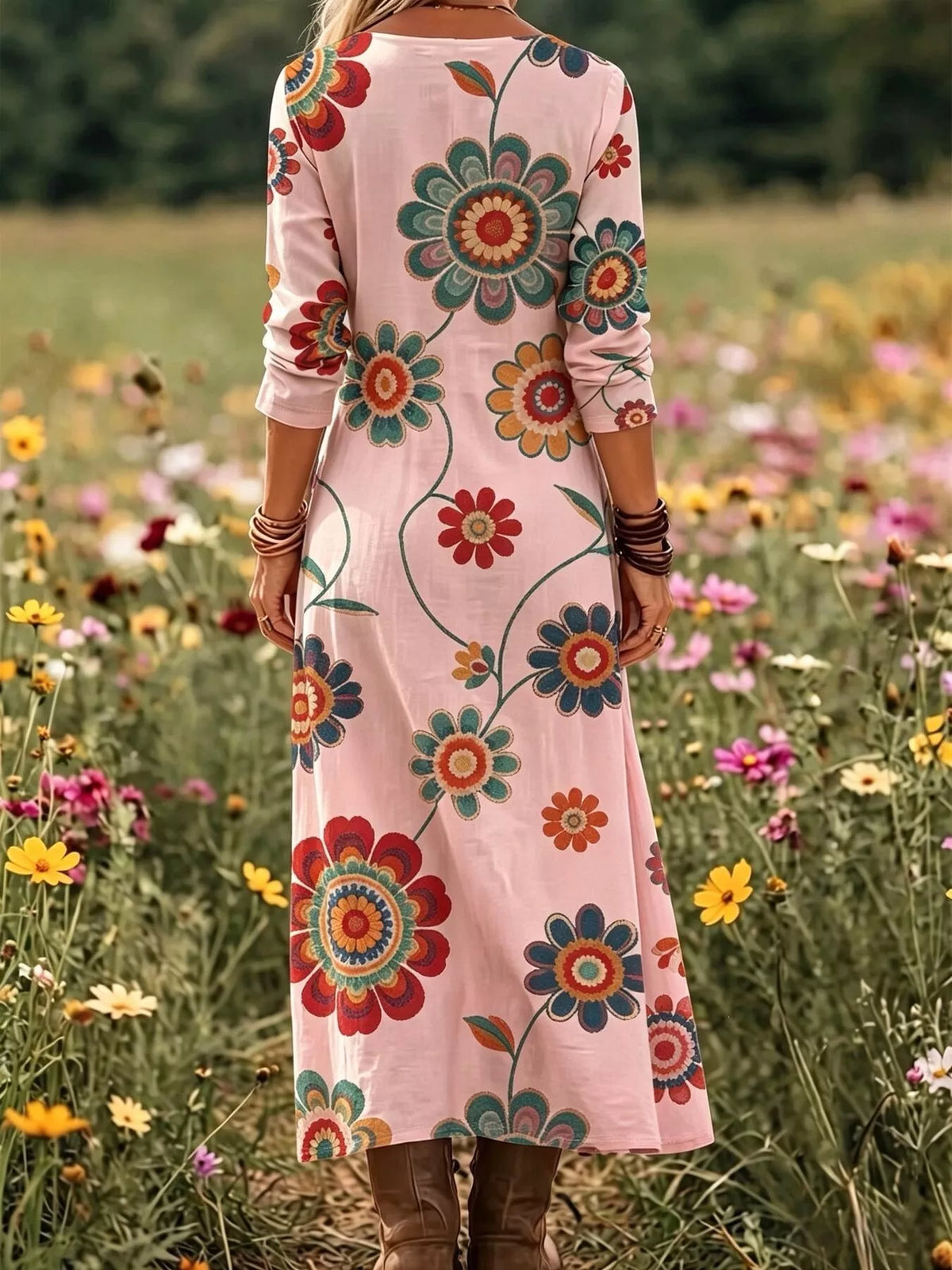 Floral print V-neck long sleeve maxi dress by Trendsi with a flowing silhouette and vibrant flower patterns on lightweight fabric.