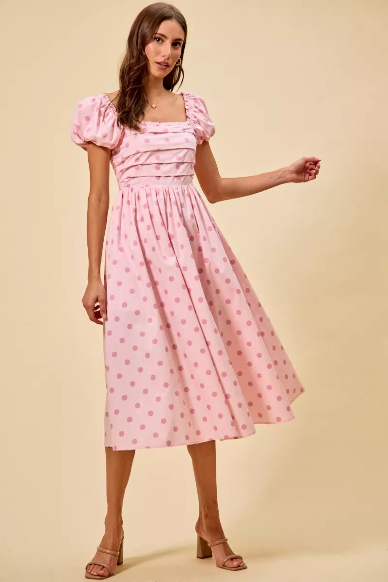 Trendsi SO ME Polka cotton print short sleeves midi dress with a fitted waist and playful polka dot pattern, lightweight and stylish.