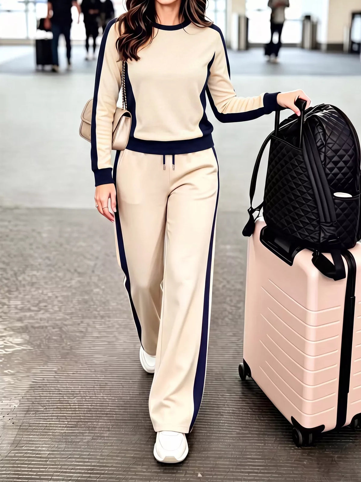 Contrast side stripes top and pants set by Trendsi, featuring a stylish matching two-piece with bold stripe details.