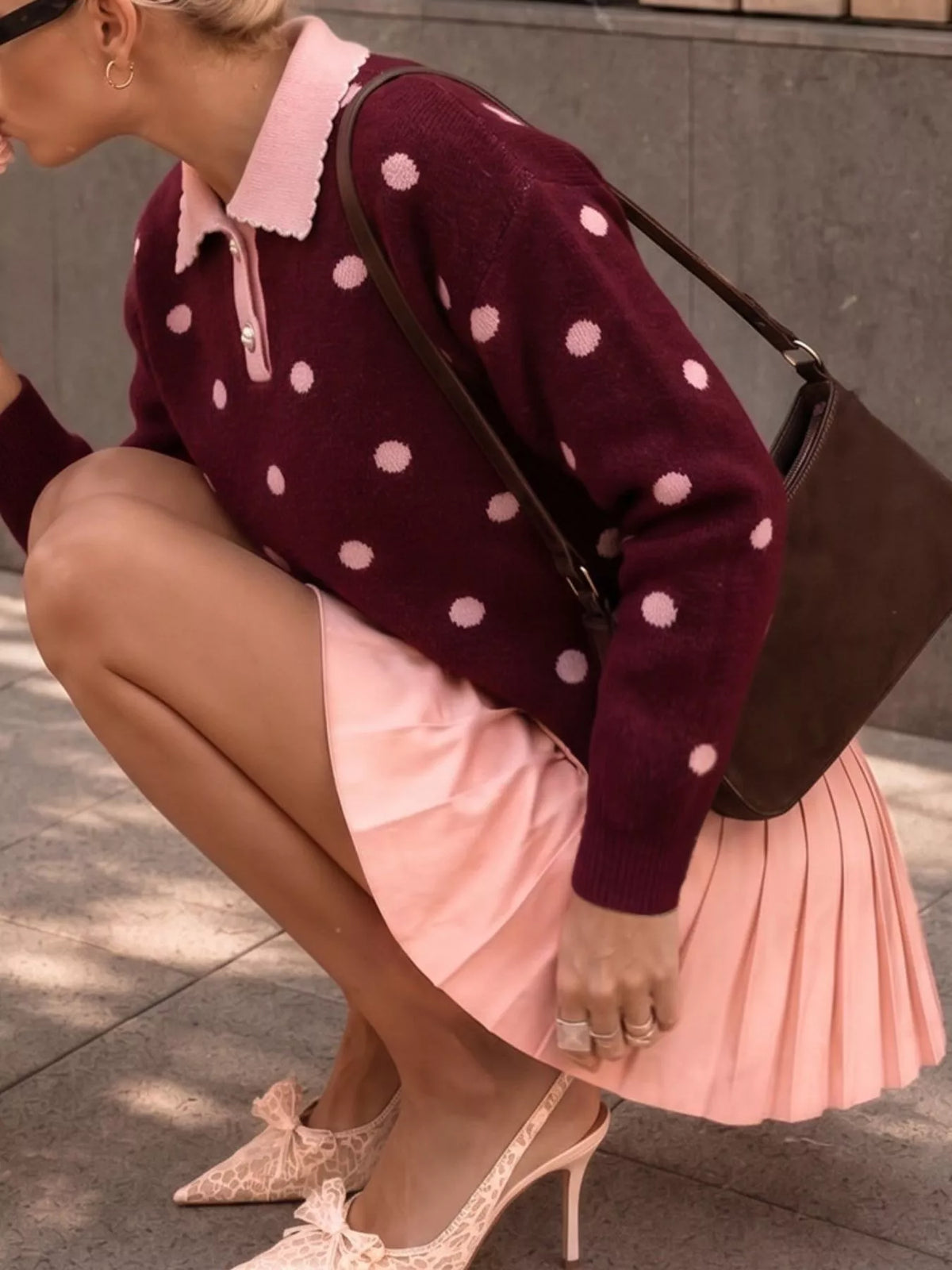 Burgundy polka dot collared sweater, view 6