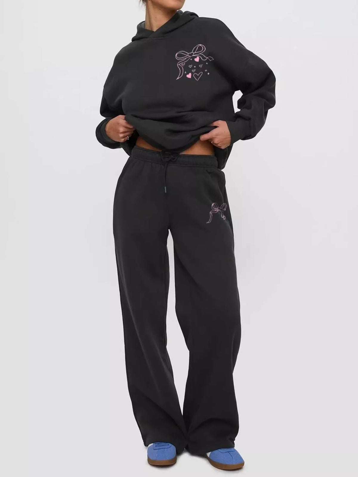 Bow and heart drop shoulder hoodie and pants set, view 2