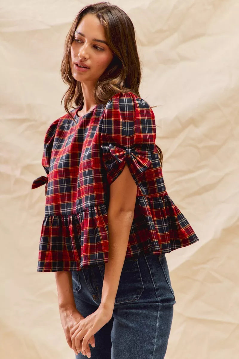 Red Christmas plaid ribbon short sleeve top, view 2