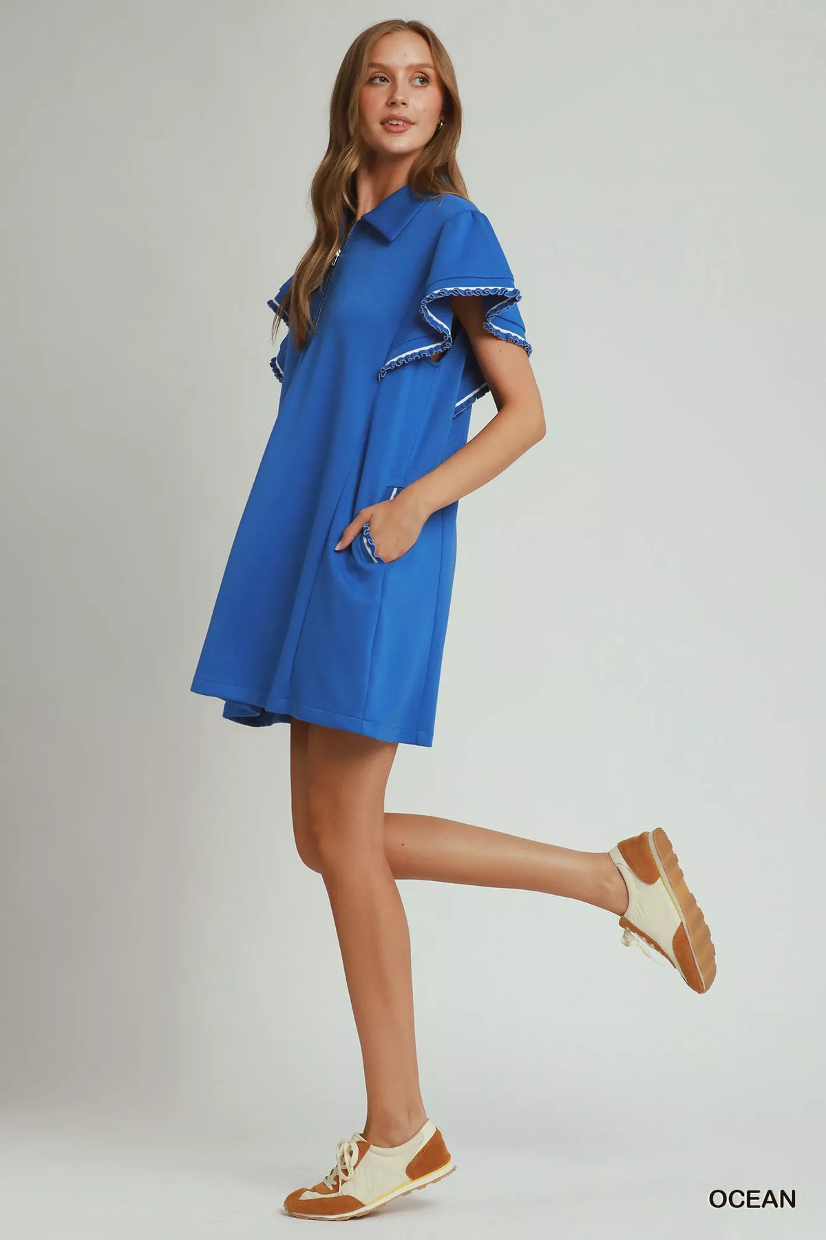 Ocean half-zip butterfly sleeve mini dress with pockets, view 2