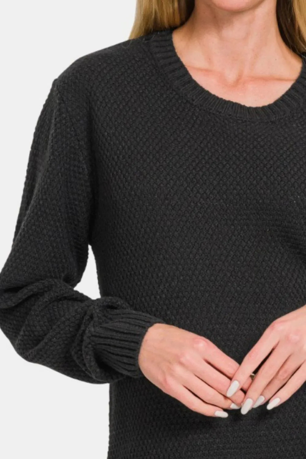 Zenana long sleeve sweater with round neck and curved hem, featuring a full size, casual fit, in a versatile and comfortable design.