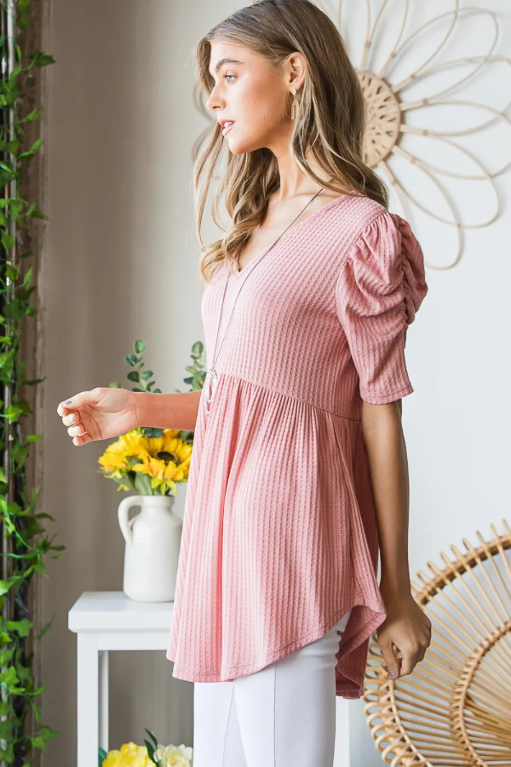 Heimish full size waffle knit V-neck babydoll top in soft fabric, featuring a relaxed fit and V-shaped neckline.