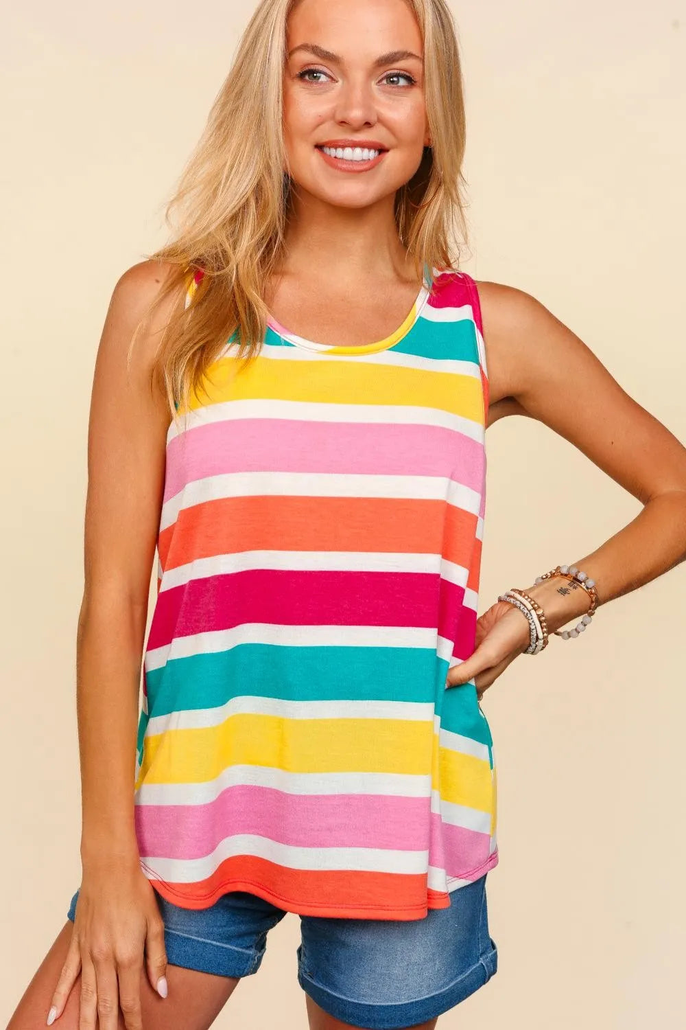 Haptics Round Neck Striped Knit Tank top by Trendsi, featuring a close-up of the ribbed knit fabric in a round neck design.