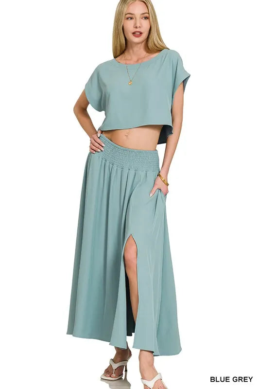 Zenana heavy woven span crop tee and skirt set, featuring a stylish coordinated outfit with textured fabric and modern design.