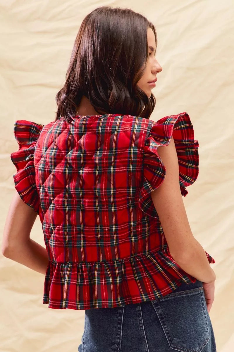 Red plaid ruffled quilted Christmas vest top, view 15