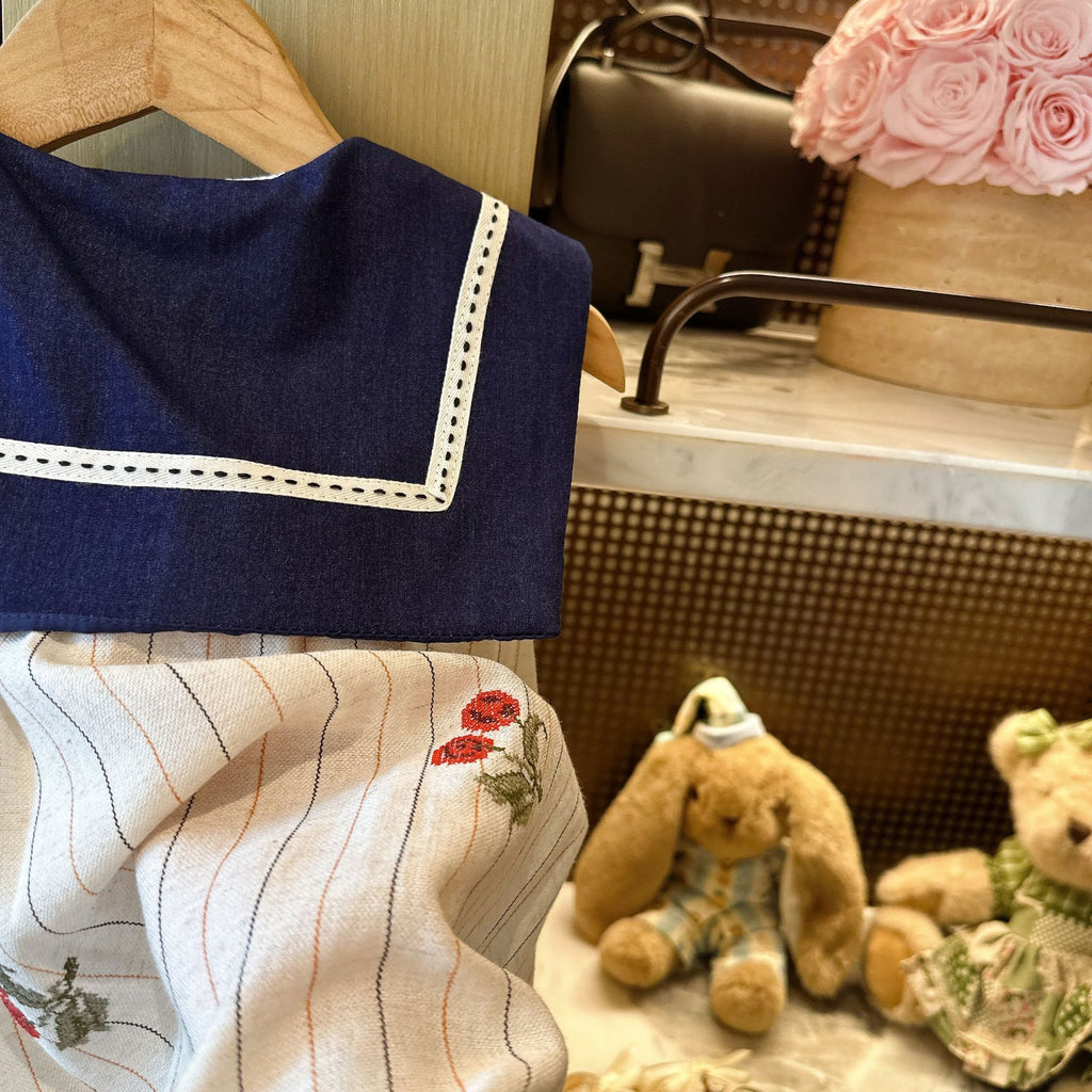 Sleeveless Princess Dress for Girls, Summer Fashion  Navy Collar Backless Dress