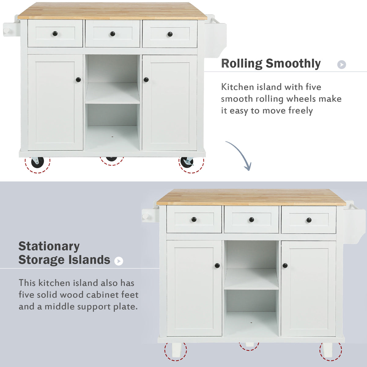 White Rolling Kitchen Island with Drop-Leaf Top & Storage