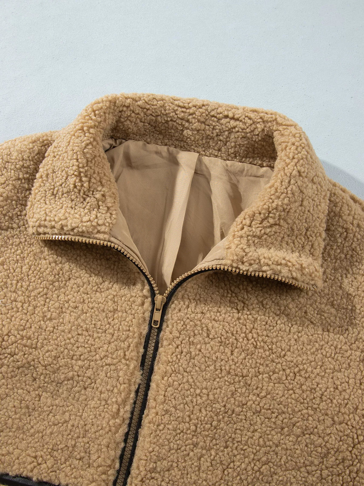 Camel fleece zip-up jacket with collar and dropped shoulders, view 4